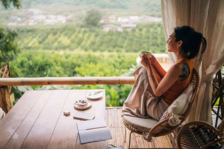 Woman sitting quietly during free time experiencing relaxation induced anxiety